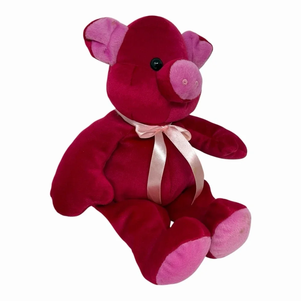 Kellytoy Magenta Pink Pig Plush Stuffed Animal Bean Bag Toy with‎ Ribbon 9 inch